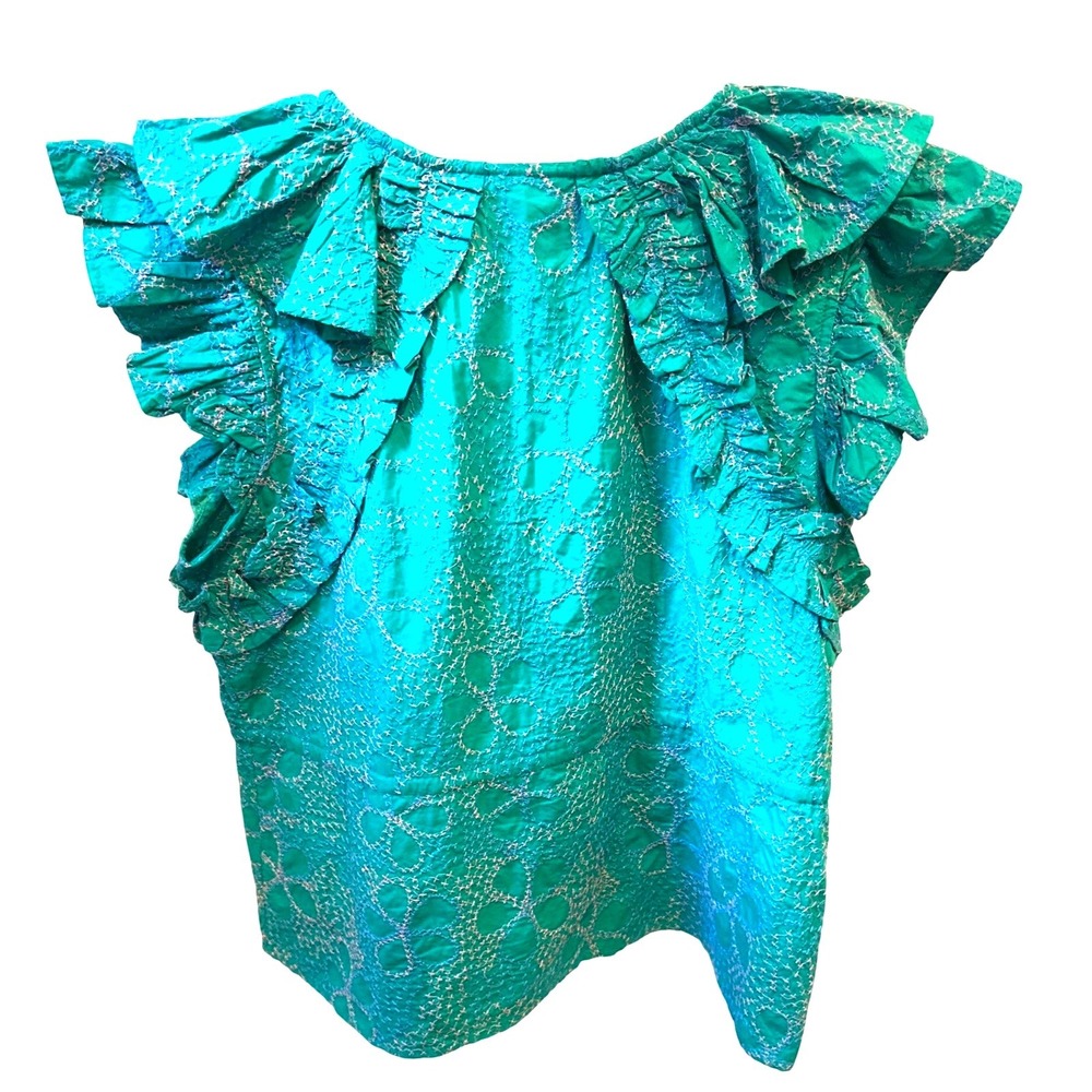 Maeve Anthropologie Emerald Green Embroidered Ruffle Sleeve Peplum Top L - Picture 7 of 8